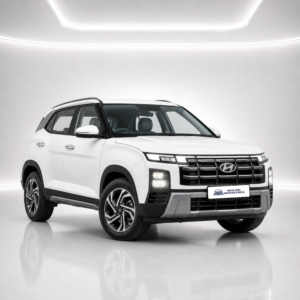 Hyundai Creta 2025 white automatic petrol self drive SUV rental in Mumbai by Miles and Memories featuring panoramic sunroof, premium interiors, alloy wheels, touchscreen infotainment, and advanced safety features for city drives and road trips.